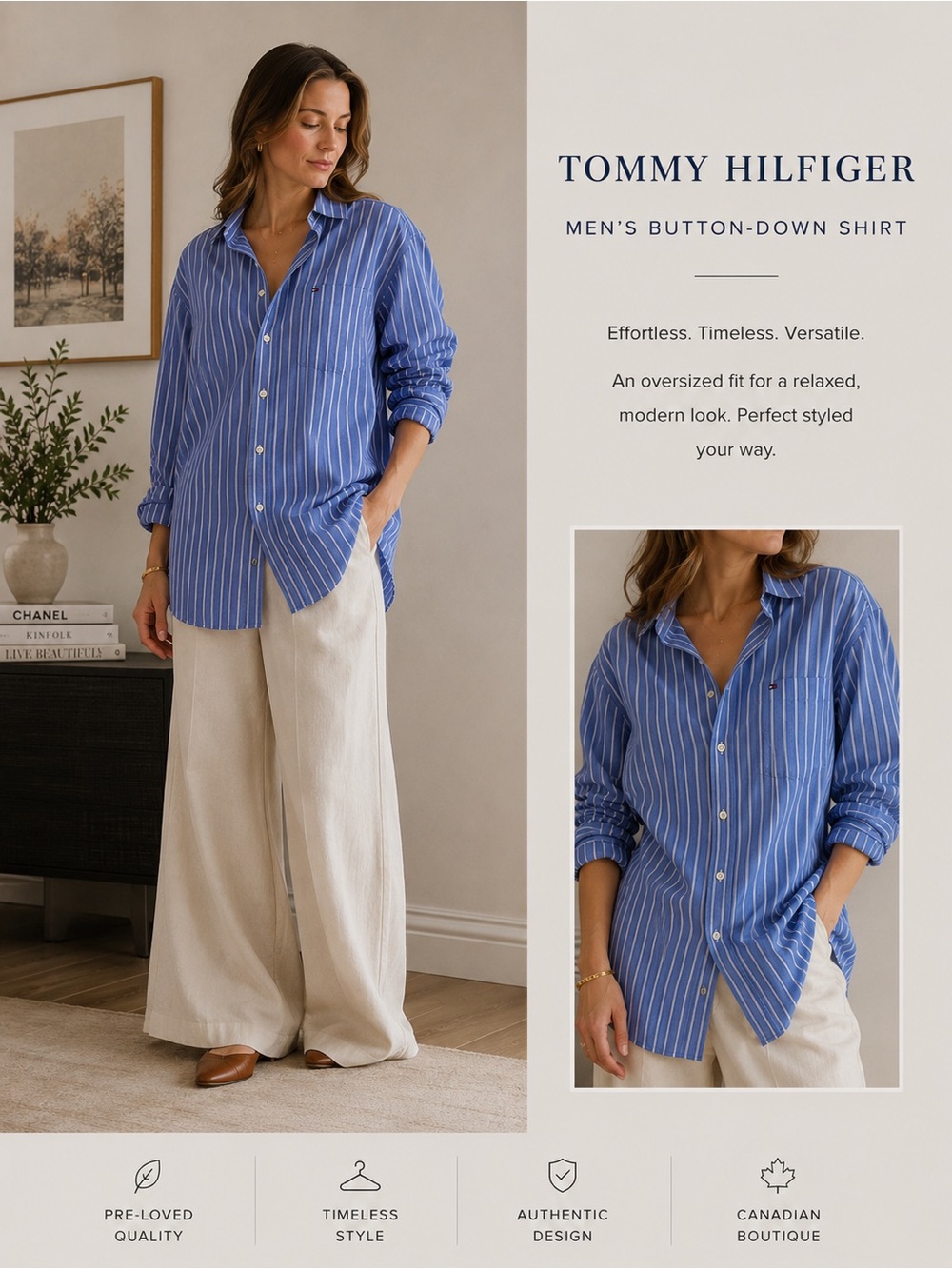 Tommy Hilfiger Blue and White Vertical-Striped Button-Down Shirt